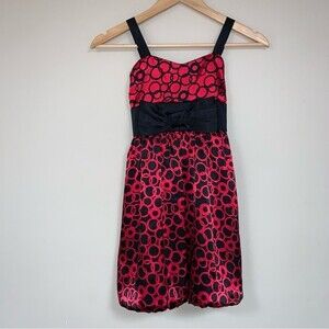 Red Black Girls’ Satin Dress Circle Pattern 6-7 Summer Sundress Bow